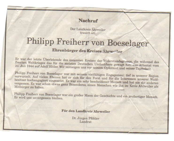 todesanzeige kreis ahrweiler fr philipp freiherr von bselager